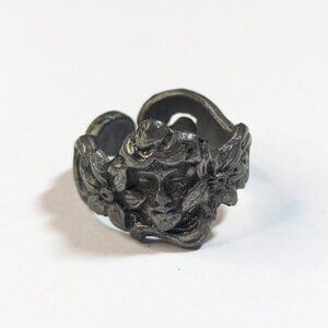Vintage Art Nouveau Woman Face Ring 6 Silver Tone Hair Flowers Adjustable Bent